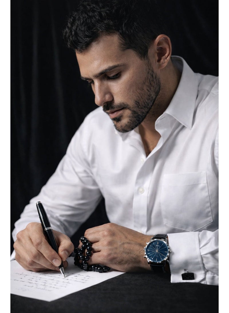 أولودينيز  طقم هدايا كلاسيكي للرجال – ساعة بقرص أزرق، مسبحة سوداء، قلم، وأزرار أكمام فضية في صندوق أسود أنيق - Image 2